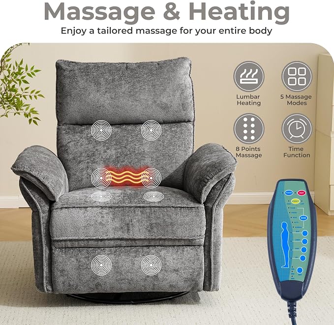 Swivel Rocker Recliner, Glider Recliner Nursery Chair with Massage and Heat, Power Nursery Rocking Chairs with Adjustable Headrest for Living Room，USB Ports,Side Pockets,Chenille Grey