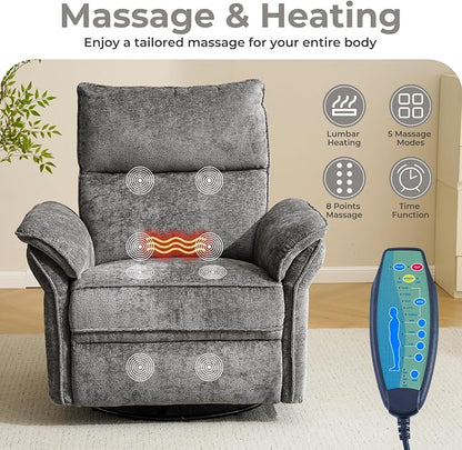 Swivel Rocker Recliner, Glider Recliner Nursery Chair with Massage and Heat, Power Nursery Rocking Chairs with Adjustable Headrest for Living Room，USB Ports,Side Pockets,Chenille Grey