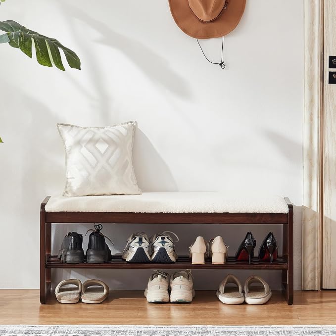 Achicsofar Shoe Rack Bench,2 Tier Solid Wooden Entryway Bench with Shoe Storage, Shoe Rack with Cushion for Living Room, Hallway(Cream White, 39.4")