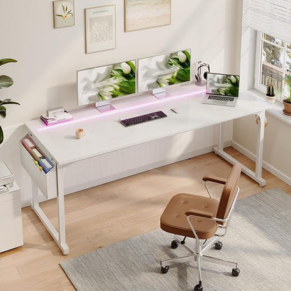 DurayLoly 71" Computer Desk LED Lights, Large Office Desk for 3 Monitors or 2 laptops,Long Desk with Storage Bag&Headphone Hook for Study Writing Work Gaming Desk,Sturdy Metal Frame,Bedroom,White