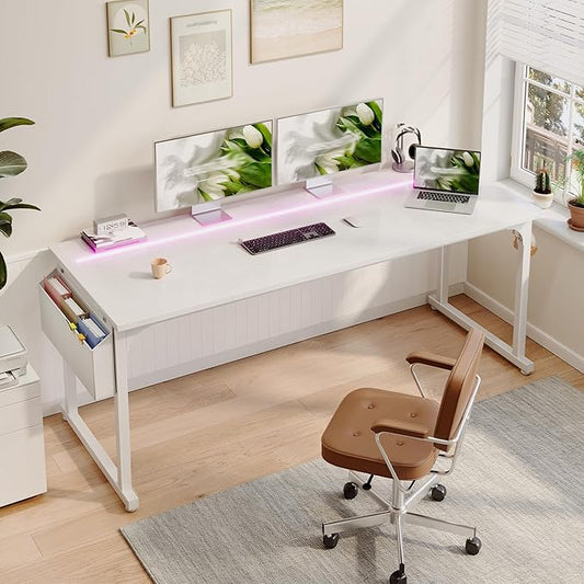 DurayLoly 71" Computer Desk LED Lights, Large Office Desk for 3 Monitors or 2 laptops,Long Desk with Storage Bag&Headphone Hook for Study Writing Work Gaming Desk,Sturdy Metal Frame,Bedroom,White