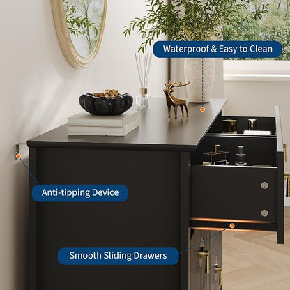 GarveeHome Fluted Dresser for Bedroom, 47.2 Inch Wide 6-Drawer Wood Dresser, Modern Chest of Drawers, Storage Organizer Cabinet for Living Room, Hallway, Entryway, Black