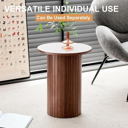 Round Nesting Coffee Tables for Living Room, Set of 2, Brown | φ27.6 + φ15.8 Boho Small Circle Side Tables, Fluted Drum Design Non-Slip Feet Minimalist Modern End Table Wood Grain Finish