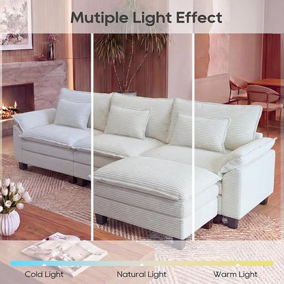 URRED Oversized Modular Sectional Sofa, 122" L Shaped Modern Comfy Cloud Couch with Movable Ottoman & Pillows, Deep Seat Couches for Living Room, Bedroom or Apartment (Corduroy Beige, 122" L Shaped)