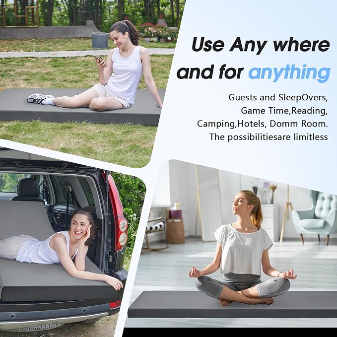 CYMULA 3 Inch Memory Foam Camping Pad, Camping Essentials Roll Up Floor Mat for Car Camping, Cot, Tent, Truck, Travel and Guest Use, Non-Slip Waterproof Bottom, Removable Cover
