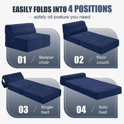 Kasunpul Folding Sofa Bed with Pillow, Memory Foam Fold Out Chair Bed, Convertible Sleeper Chair with Washable Cover, Futon Floor Couch for Living Room/Dorm/Guest Use/Home Office/Apartment, Navy Blue