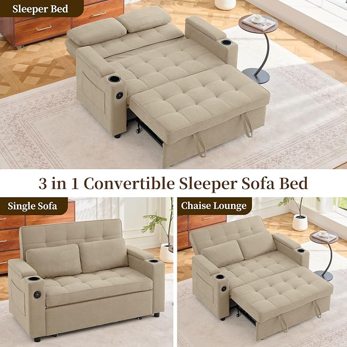 Korser 55.5'' 3-in-1 Convertible Sofa Bed, Pull Out Couch with 5-Position Adjustable Backrest, Loveseat Sleeper Sofa for Small Spaces, Sofa Couch with Cup Holders for Living Room, Office, Chenille
