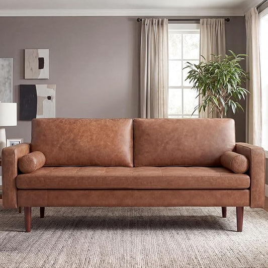 70" Mid-Century Modern Faux Leather Sofa, Comfortable Button Tufted Loveseat Couch with Bolster Pillows & Solid Wood Legs for Living Room, Apartment, Office, 1100lbs Capacity, Brown