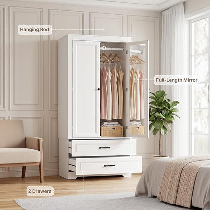 Gizoon Wooden Armoire Wardrobe with Full-Length Mirror & 2 Drawers, 2 Doors, Hanging Rod, Anti-tip, Adjustable Mirror Position (Left/Right), freestanding Wardrobe for Bedroom, White
