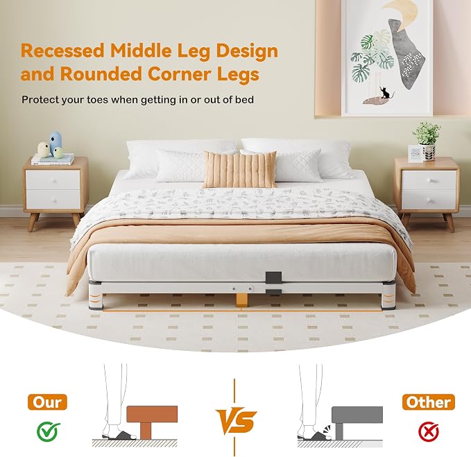 NKZ Queen Platform Bed Frame 4 Inch, Heavy Duty Metal Low Profile Bed Frame with Round Corner Legs, 3500lbs Weight Capacity Reinforced Frame, No Box Spring Needed，Noise-Free, Easy Assembly