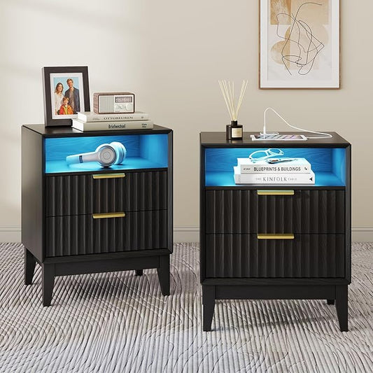 LVSOMT 20'W Fluted Nightstand Set of 2, Night Stand with Charging Station and LED Lights, RFID Lock Hidden Drawer, Mid Century Modern Bedside Table for Bedroom, 2 Drawers and Open Storage Cubby, Black