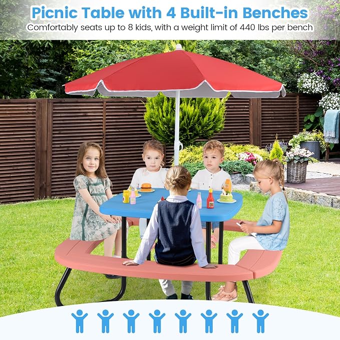 Costzon Kids Picnic Table, 8 Person Kids Outdoor Table and Chairs with Foldable & Adjustable Umbrella, 4 Built-in Benches, Toddler Outdoor Furniture for Backyard, Patio, Garden (Red)