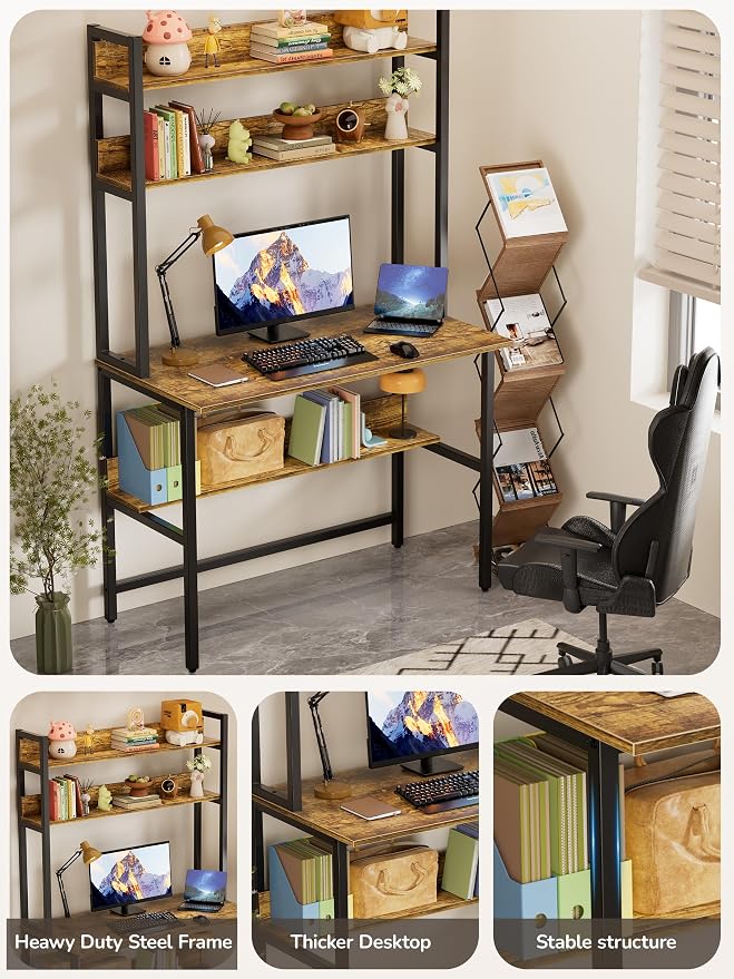 Aquzee Computer Desk with Hutch, 40“W x 19.6" D Desk with Shelves, Tall Home Office Desk with Bookshelf, Metal Legs Study Table with Upper Storage Shelf for Study Writing/Workstation, Brown