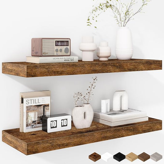 Fun Memories 24 Inch Floating Shelves - Deep Rustic Wooden Wall Shelves - Extra Deeper & Thicker Wall Mounted Storage Shelf for Bedroom, Kitchen, Farmhouse - 2 Pack, Rustic Brown