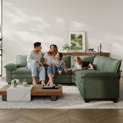 LINSY HOME Modular Sectional Sofa 5 Seat Couch Corduroy Cloud Couch with Deep Seat, Modern V-Shaped Cloud Couch for Living Room, Office, Bedroom, Green