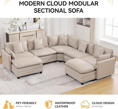 137'' V Shaped Cloud Sectional Sofa, Oversized Deep Seat Leather Couches for Living Room, Comfy Upholstered Modular Sectional Sofa Couch with 2 Movable Ottoman, Leather Beige