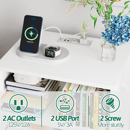 Aenuert Night Stand with Charging Station, White Nightstand with Drawer, 3-Tier Wooden Bedside Table with USB Ports and Outlets, End Table for Small Space, Living Room, Bedroom