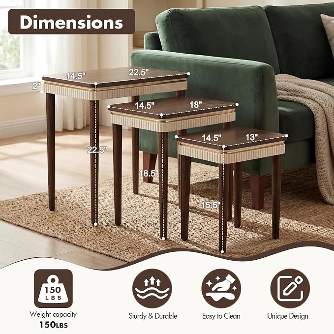 Hyfirm Walnut Side Table End Table Nesting Tables Set of 3, Retro Nesting Tables with Veneered Top & Gold Trim, Mid Century Modern Nesting Wood Coffee Tables for Living Room/Bedroom/Apartment