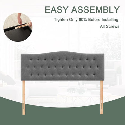 Tufted Headboard Full Size, Solid Wood Adjustable Height Head Board, Gray | Upholstered Full XL Headboard Only with Durable Solid Wood Legs, Adjustable Height 37-51 in, Fabric Button Diamond HeadBoards