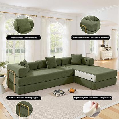ivoros 108" Oversized Convertible Sleeper Sofa Bed, Corduroy L Shape Sectional Couch, Folding Sofa Bed with Fixed-Shape Frame, Modern Cloud Floor Mattress Couch, Modular Sofa for Living Room, Green