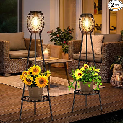 MXwcy 2 Pack Solar Lights Outdoor with LED Edison Bulbs, Vintage Style Solar Floor Lamp with Plant Stands, Weatherproof Garden Lights for Pathway, Patio, Yard, Porch Decor 8-10 Hours Lighting