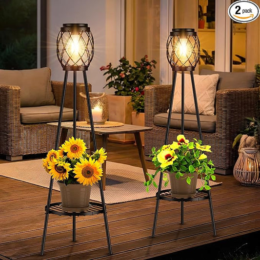 MXwcy 2 Pack Solar Lights Outdoor with LED Edison Bulbs, Vintage Style Solar Floor Lamp with Plant Stands, Weatherproof Garden Lights for Pathway, Patio, Yard, Porch Decor 8-10 Hours Lighting