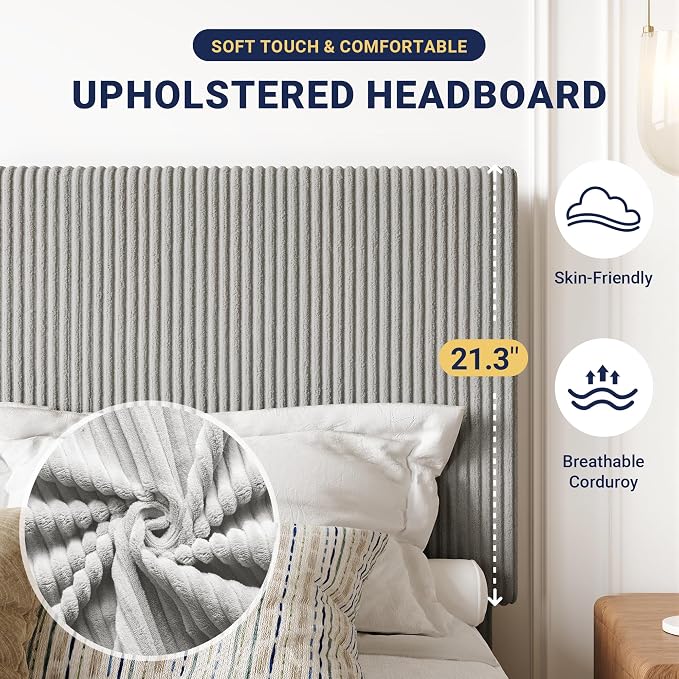 Allewie King Bed Frame, Upholstered Platform Bed, Adjustable Vertical Channel Tufted Headboard, Corduroy Fabric, Modern Low Profile, Wooden Slats, No Box Spring Needed, Easy Assembly, Light Grey