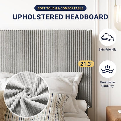 Allewie King Bed Frame, Upholstered Platform Bed, Adjustable Vertical Channel Tufted Headboard, Corduroy Fabric, Modern Low Profile, Wooden Slats, No Box Spring Needed, Easy Assembly, Light Grey