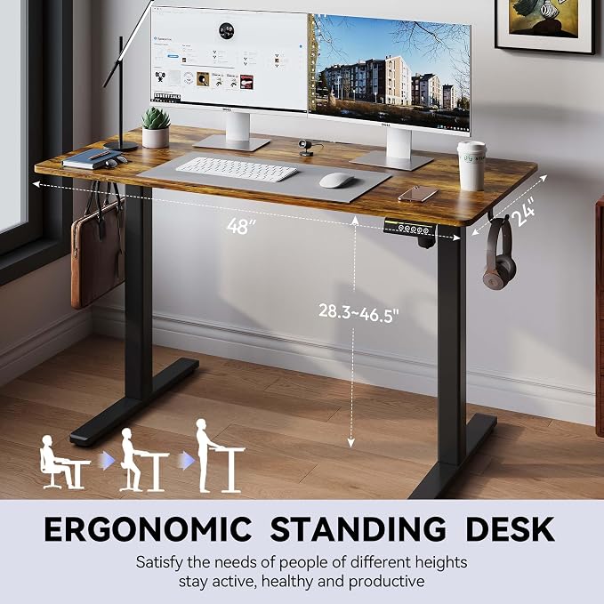 Electric Standing Desk,48x24 Inches Adjustable Height Stand up Desk, Sit Stand Home Office Desk with Splice Board, 3 Preset Heights,Equipped with Hooks,Ergonomic Computer Workstation，Brown