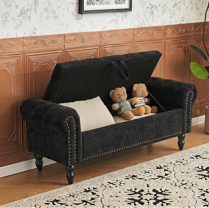 Furniliving 51” End of Bed Storage Bench, Bedroom Bench with Button-Tufted, Upholstered Storage Ottoman Benches Window Bench with Storage, Chenille Bench for Living Room, Entryway, Black