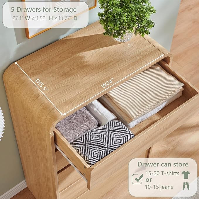 Aitjunz Modern 5 Drawers Dresser for Bedroom, 45" Tall Dressers & Chests of Drawers w/Curved Profile Design, Wood Mid Century Vertical Dresser w/Natural Texture for Bedroom, Living Room, Natural Oak