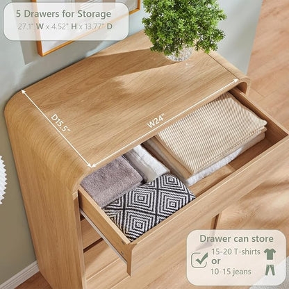 Aitjunz Modern 5 Drawers Dresser for Bedroom, 45" Tall Dressers & Chests of Drawers w/Curved Profile Design, Wood Mid Century Vertical Dresser w/Natural Texture for Bedroom, Living Room, Natural Oak