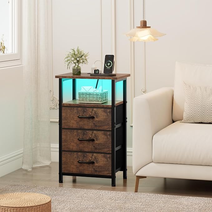 Vagusicc Night Stand with Charging Station, LED Nightstand for Bedroom, Bedside Table with 3 Fabric Drawers, End Table Side Table with USB Ports and Outlets, Bed Side Table for Bedroom, Rustic Brown
