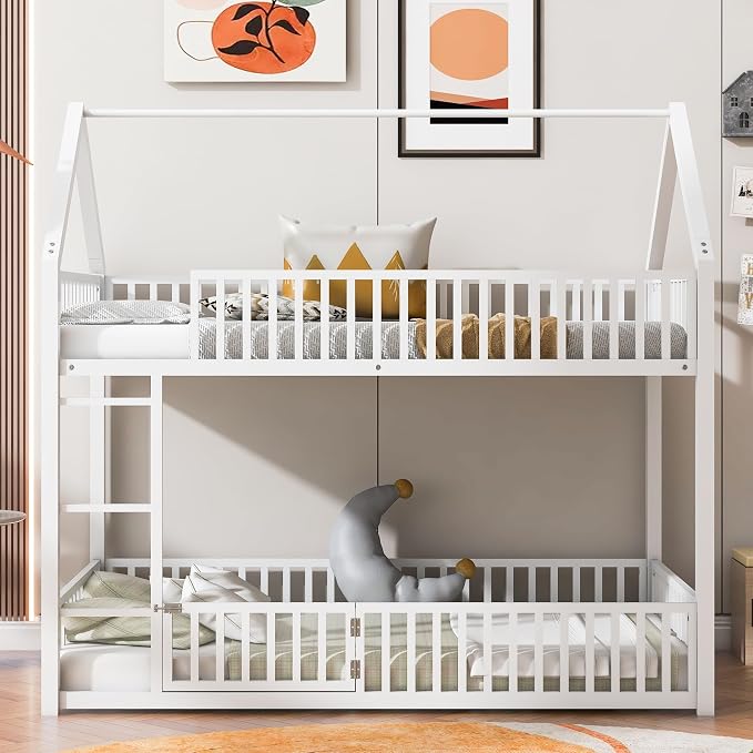 RuiSiSi Metal Bunk Bed Twin Over Twin, Floor House Bunk Bed with Safety Guardrails and Roof for Kids Teens, Twin Bunk Beds for Bedroom, No Box Spring Needed, White