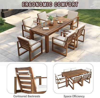 Patio Table and Chairs Set, Outdoor Dining Set for 6 with Umbrella Hole, 7 Piece Outdoor Patio Furniture Set Wood Frame with Removable Cushion for Garden, Backyard