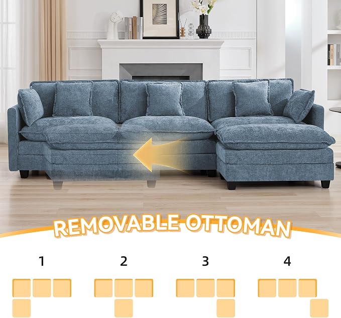 111'' Sectional Cloud Deep Seat Couch, Modern Comfy Chenille L Shaped Sectional Sofa for Living Room Set, Upholstered Modular 4-Seats Sofa Couch with 1 Movable Ottoman, Blue