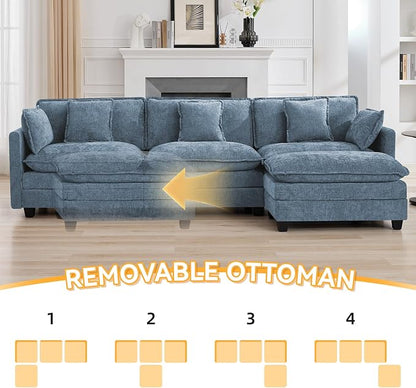 111'' Sectional Cloud Deep Seat Couch, Modern Comfy Chenille L Shaped Sectional Sofa for Living Room Set, Upholstered Modular 4-Seats Sofa Couch with 1 Movable Ottoman, Blue