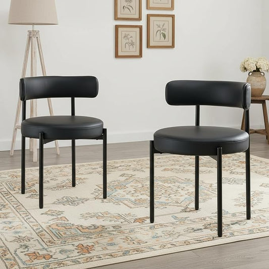 Faux Leather Dining Chairs Set of 2, Upholstered Kitchen and Dining Room Chairs, Mid-Century Modern Dining Chairs with Round Back and Black Metal Legs, Vegan Leather, Black