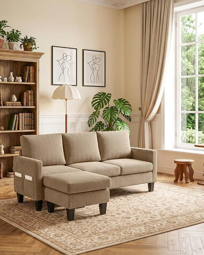 Karl home 67" Small Sectional Couch L Shaped Sofa, Khaki | Movable Storage Ottoman, Corduroy Upholstered, Sofa Chaise, Side Pockets 5.9" Sofa Legs for Living Room, Apartment, Studio