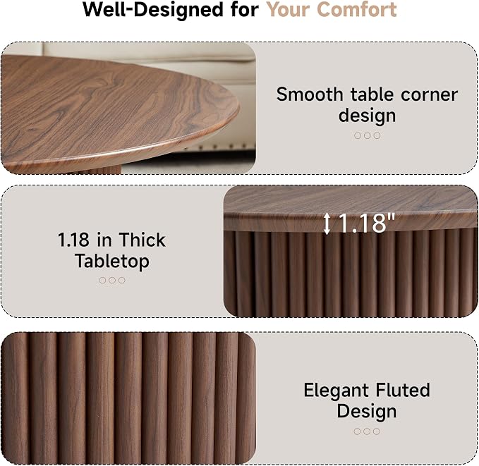 31.5" Round Coffee Table, Modern Fluted Accent Center Table with Metal Frame, Wooden Circle Coffee Tables for Living Room Small Space or Office (Walnut)