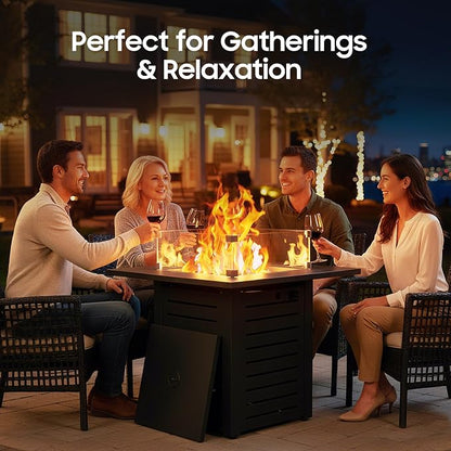 5-Piece Patio Furniture Set with Fire Pit Table & Coffee Table & Removable Washable Cushions, All-Weather Metal Frame and Wood-Like Armrests for Porch, Garden, Balcony,Beige