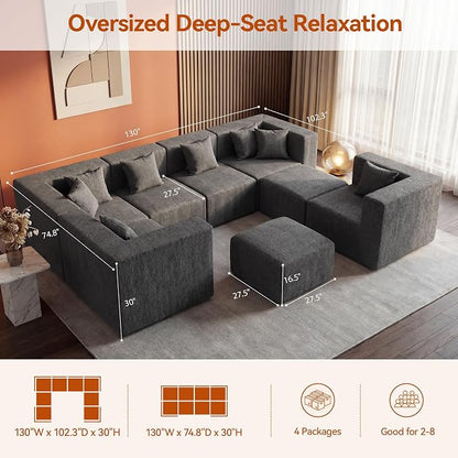 MONVANE Modular Sectional Sofa, Oversized 8 Seat Convertible U Shaped Couch with Ottoman, Comfy Chenille Cloud Couch with Deep Seat, Sectional Couches for Living Room, No Assembly Required, Grey