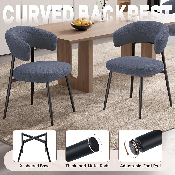 Dining Chairs Set of 2, Mid Century Modern Kitchen Chairs, Boucle Upholstered Dining Chair with Curved Backrest & Metal Legs for Kitchen Dining Room, Dark Blue