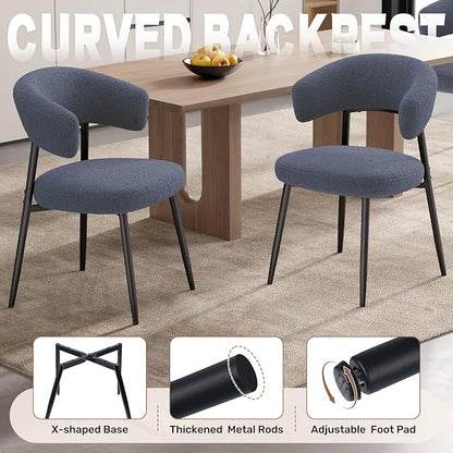 Dining Chairs Set of 2, Mid Century Modern Kitchen Chairs, Boucle Upholstered Dining Chair with Curved Backrest & Metal Legs for Kitchen Dining Room, Dark Blue