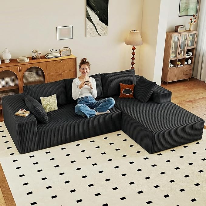 95" Cloud Sectional Couch with L-Shape Chaise, Modular Comfy Sofa Chaise Longue, Upholstered Corduroy Couches Sleeper with Deep Seat for Living Room Bedroom, No Assembly Required(Black, Right Facing)