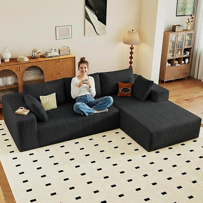 95" Cloud Sectional Couch with L-Shape Chaise, Modular Comfy Sofa Chaise Longue, Upholstered Corduroy Couches Sleeper with Deep Seat for Living Room Bedroom, No Assembly Required(Black, Right Facing)