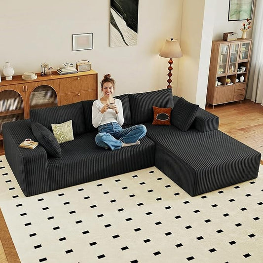 95" Cloud Sectional Couch with L-Shape Chaise, Modular Comfy Sofa Chaise Longue, Upholstered Corduroy Couches Sleeper with Deep Seat for Living Room Bedroom, No Assembly Required(Black, Right Facing)