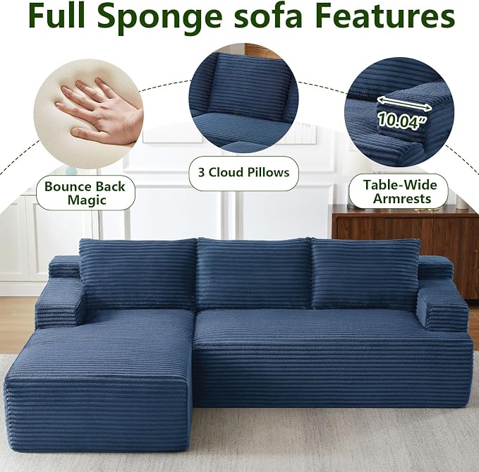 96" Modular Sectional Sofa, Modern Corduroy Cloud Couch, Boneless Couch Upholstered 3-Seater L-Shaped Sofa for Living Room, No Assembly Required (Blue, Left-Facing Chaise)