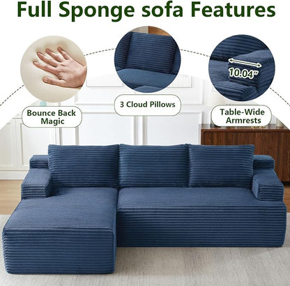 96" Modular Sectional Sofa, Modern Corduroy Cloud Couch, Boneless Couch Upholstered 3-Seater L-Shaped Sofa for Living Room, No Assembly Required (Blue, Left-Facing Chaise)