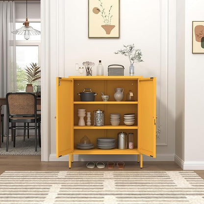 Metal Storage Locker with Djustable Shelves 36" H Lockable Modern Lockers Home Organization Cabinet 2-Door Durable Metal Cabinet for Bedroom Entrance Yellow 36" H X 31.5" W X 13.8" D